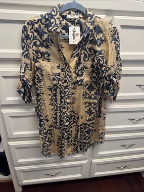 Boho-Print Button Front Tunic Top - Beige & Navy